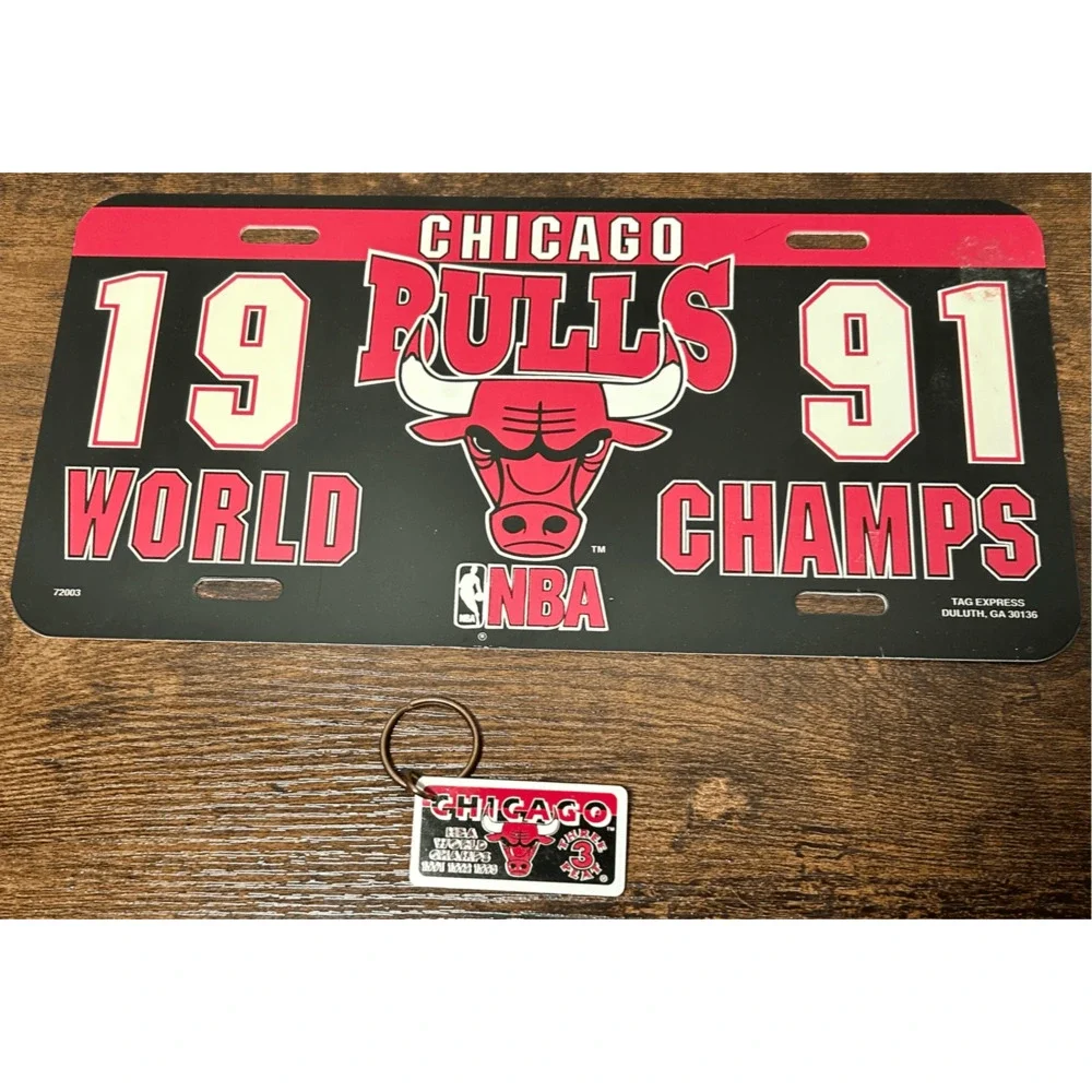 Vintage Chicago Bulls 1991 NBA Championship License Plate & 3 Peat Key Chain